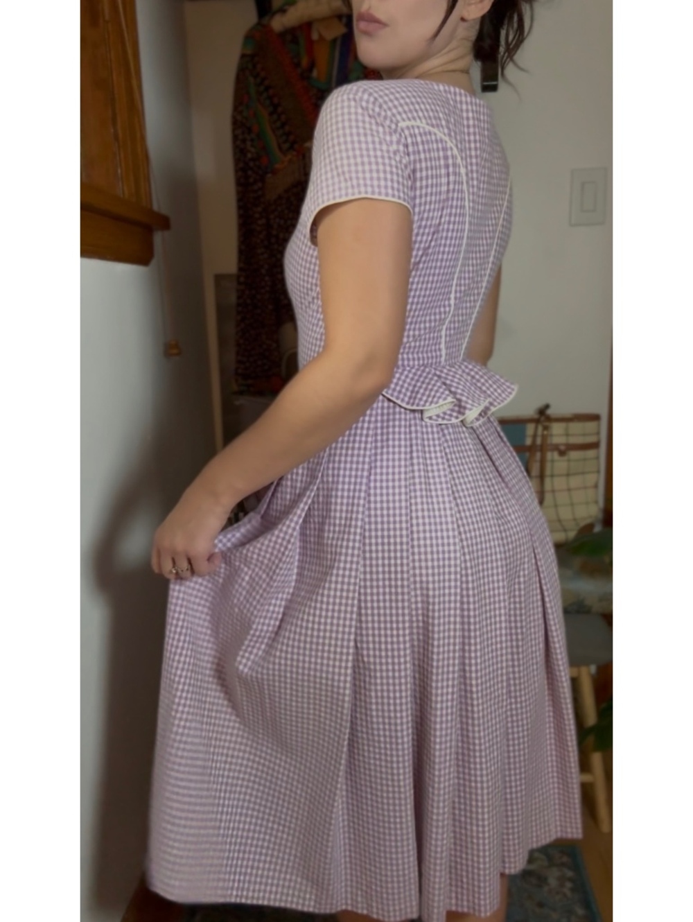 Vintage Style Lavender Gingham Midi Dress with Ruffle Detail size m